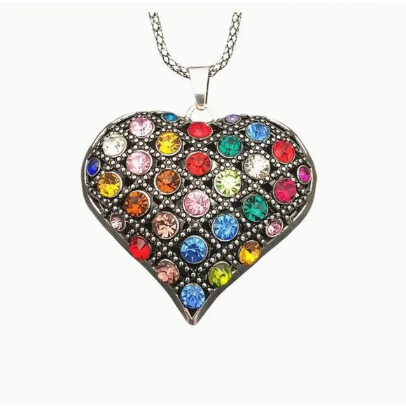 Fun Heart-Shaped Multicolor Crystal Pendant Necklace With Silver Chain - Picture 2 of 3